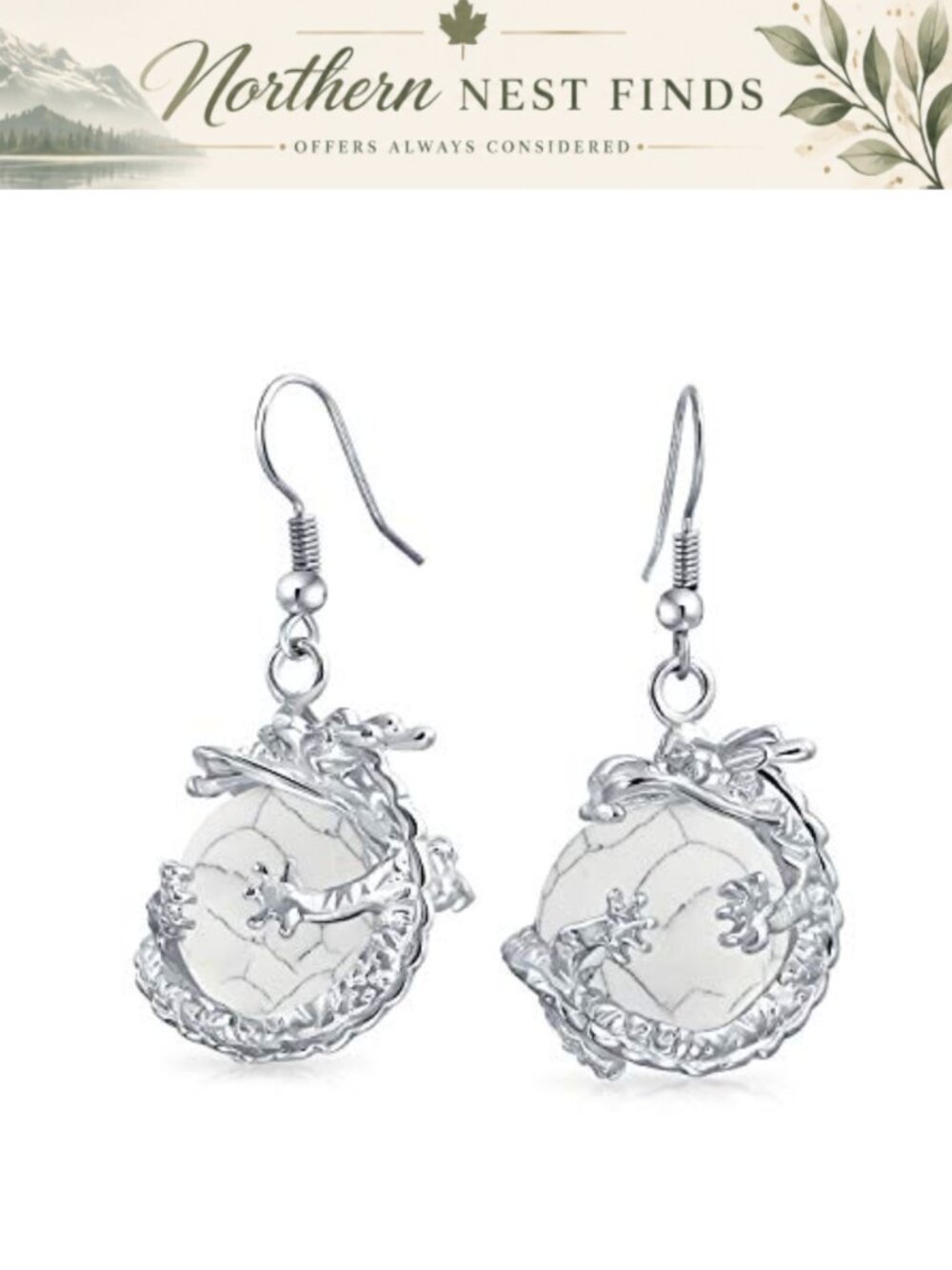 Silver Plated Howlite Dragon Dangle Earrings